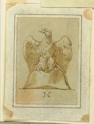 Disegno, progetto: Aquila raffigurata, con ali rovesciate, in piedi su un cappello francese a bicorne, 1800 ca.