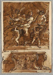Papa Gregorio VII e quattro angeli, studio dopo Raffaello "Personaggi del Papato"; panca antica