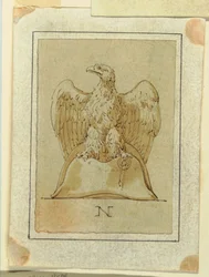 Progetto: Aquila esposta, con ali invertite, in piedi su un cappello bicorno francese