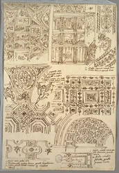 Sette Studi di Soffitti Quadrilateri; Due Studi Anatomici di Braccia (verso)