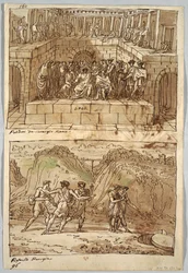 Pagina di taccuino, foglio 98: Due dipinti dopo Caravaggio e Raffaello; Verso: Aquila e bue