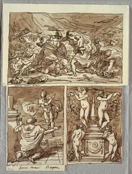 La battaglia tra Romani e Sabini; Apparizione di Romolo a Proculo, due studi dopo i Carracci; Candelabro