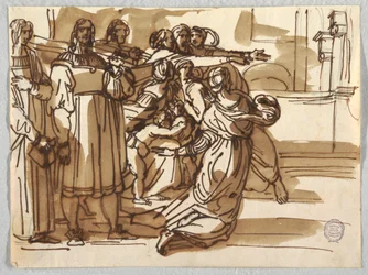 Il prelato e i portatori di sgabelli e le donne vicino a loro in "Espulsione di Eliodoro" dopo Raffaello Sanzio