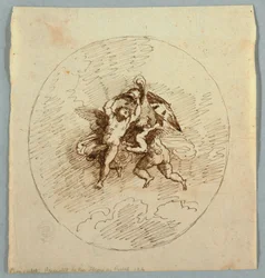 Due putti volanti con armi