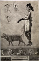 Pornokrates (Donna nuda, occhi bendati, circondata da angeli e con un maiale al guinzaglio) - disegno di Felicien Rops (1833-1898)