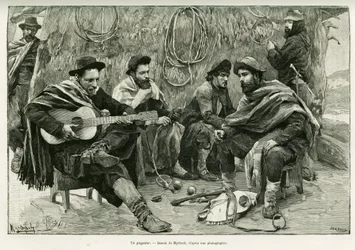 Un payador, duello in versi di cantanti ambulanti. Incisione di Myrbach, per illustrare la storia Viaggio alla Plata, nel 1886, di Emile Daireaux, in Le Tour du monde 1888, diretto da Edouard Charton (1807-1890), Hachette, Parigi.