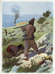 Robinson Crusoe uccide i selvaggi che inseguono Venerdì