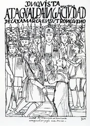 Diego de Almagro, Francisco Pizarro e frate Vicente de Valverde inginocchiati davanti all