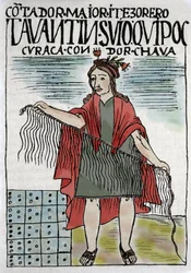 Quipu (Quipo Quipou), sistema contabile inca di corde e nodi, cultura inca 1400-1532 d.C., manoscritto di Felipe Guaman Puma de Ayala (Nueva Coronica y buen Gobierno), cronista indiano del XVI secolo.