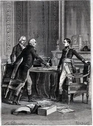 Prima deliberazione dei tre consoli a Lussemburgo - Napoleone Bonaparte, Emmanuel Joseph Sieyes e Pierre Roger-Ducos 1799 - Incisione di Barbant, dopo Philippoteaux - Primo Consolato, 24 Frimaio VIII (15 dicembre 1799), prima riunione del Primo
