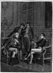 Jean Jacques Regis de Cambaceres (1753-1824) che espone a Bonaparte, allora Primo Console, e ai suoi fratelli Joseph e Lucien, la sua ingegnosa combinazione per far nominare Bonaparte Console a vita, circa 1804
