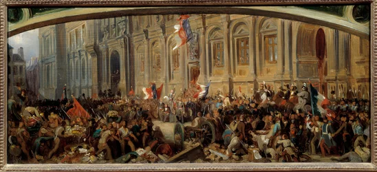 Rivoluzione del 1848: Alphonse de Lamartine (1790-1869), scrittore e politico francese, respinge la bandiera rossa al Municipio il 25/02/1848