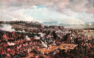 La battaglia di Waterloo. Cuirassicrs che caricano gli Highlanders in piazza (litografia a colori)