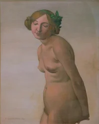 Nudo femminile con fiocco verde nei capelli