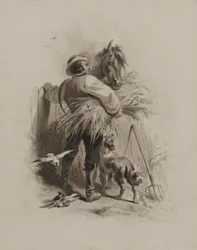Contadino con cavallo, cane e piccioni