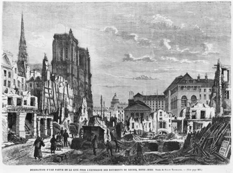 Parigi, demolizione di una parte della Cité per estendere gli edifici del nuovo Hotel-Dieu, inciso da Charles Barbant (m.1922)
