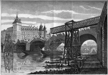 Trasformazioni di Parigi sotto il Secondo Impero, Haussmann Parigi: demolizione del Pont au Change e installazione del ponte temporaneo. Incisione di Felix Thorigny in “Le Monde Illustré” n°78 del 9 ottobre 1858.