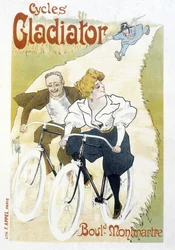 Coppia in bicicletta inseguita da un poliziotto - Pubblicità per Cicli Gladiator, di Misti, ca. 1895