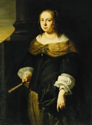 Ritratto di una dama a tre quarti, con abito nero e verde, che tiene un ventaglio, su un portico