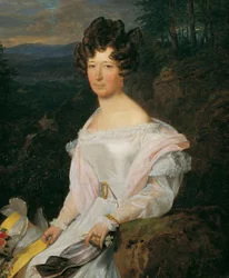 Dama in abito bianco davanti a un paesaggio del Wienerwald