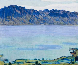 Il lago di Ginevra con le Alpi della Savoia