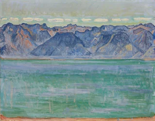 Lago di Ginevra con le Alpi di Savoia