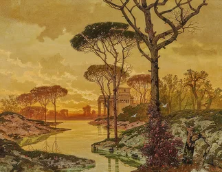 Paesaggio fluviale serale con villa antica