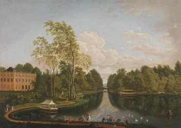 Veduta verso sud attraverso il Lago Superiore di Schönbusch verso il Castello di Schönbusch e il canale (Ciclo di Aschaffenburg)