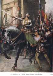 Alla testa del grande gruppo di uomini cavalcava Rienzi, illustrazione da The Stories of Wagner