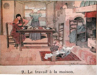 Un lavoro serale in campagna, illustrazione per un libro di testo scolastico, c.1900