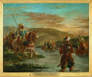 Guadare un fiume in Marocco (dipinto su tela)