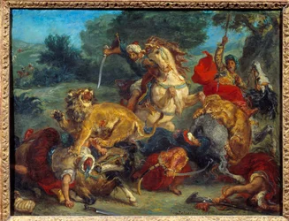 Caccia al leone. Dipinto di Eugene Delacroix