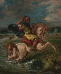 Cavaliere marocchino che attraversa un guado, c.1850