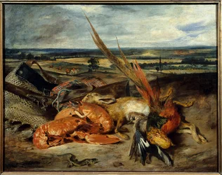 Natura morta con aragosta e trofei di caccia e pesca