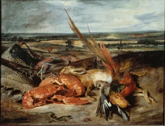 Natura morta con aragosta e trofei di caccia e pesca