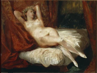 Studio di donna nuda sdraiata su un divano, ritenuta la donna con le calze bianche