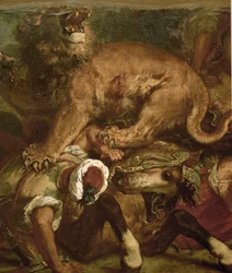La caccia al leone (olio su tela)