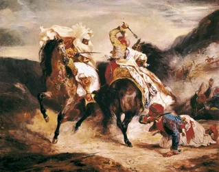 La lotta tra Giaour e Pasha. Ispirato dal poema di Lord Byron "Le Giaour". Pittura orientalista di Eugene Delacroix (1798-1863)