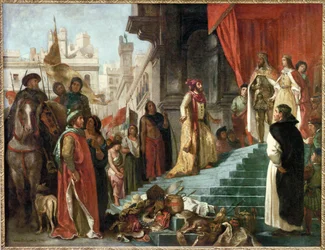 Il ritorno di Cristoforo Colombo; la sua udienza davanti al re Ferdinando e alla regina Isabella, i sovrani cattolici (olio su tela)