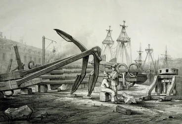 Ancore al cantiere navale, di Ferdinand Perrot, litografia