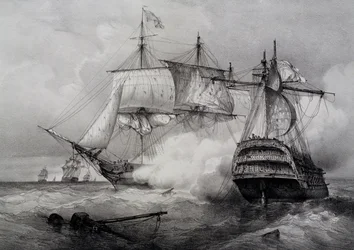 Battaglia tra nave americana da 74 cannoni e fregata britannica, litografia di Ferdinand Perrot