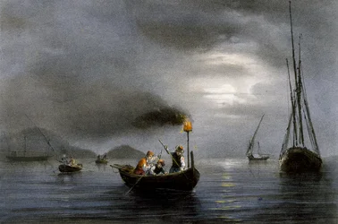 Pesca notturna con lampada da pesca, litografia a colori di Ferdinand Perrot (1808-1841)