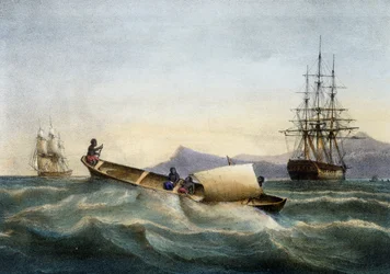 Canoa a bilanciere delle Antille, litografia a colori di Ferdinand Perrot