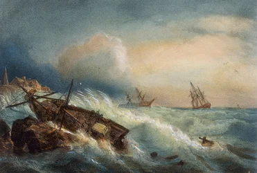 Naufragio sulla costa di Saint Nazaire, litografia a colori di Ferdinand Perrot, Francia