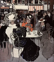 Donna che parla a un tavolo fuori da un caffè (Illustrazione di Von Reznicek in: Simplicissimus, Germania)