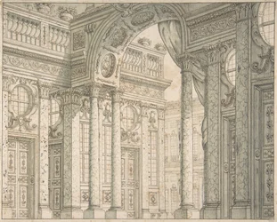 Progetto di una prospettiva per un set teatrale con cortile e arco di trionfo, ca. 1675-1743