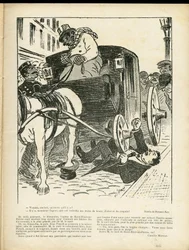 Illustrazione di Fernand Fau (1858-1919) in Le Rire, 29/02/08 - Mestieri, Trasporti, Incidenti Disastri, Carrozza Fiacre Cab - Cocchieri Fiacres