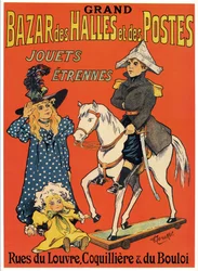 Manifesto pubblicitario del Grand Bazaar des Halles et des Posts: Negozio di giocattoli e giochi (Un piccolo Napoleone di legno, una strega e una bambola) Illustrazione di Fernand Fernel (Cerckel) (1872-1934) 1899