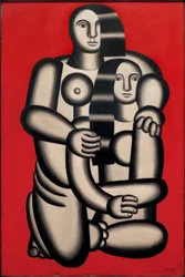 Due figure su sfondo rosso