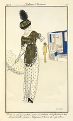 Veste di velluto pekiné nero e auburn su fodero di frissonnette dipinta. Cappello di velluto e aigrette